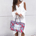 Regina Tote in Coral & Denim