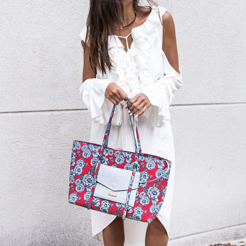 Regina Tote in Coral & Denim